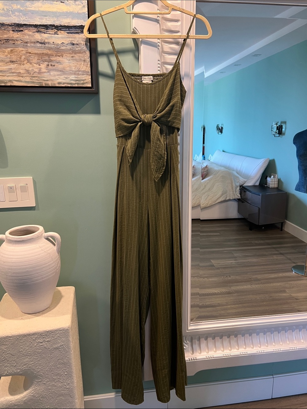 Flying Tomato Olive Pinstripe Tie-Front Jumpsuit